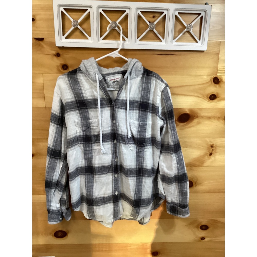 American Eagle Mens XS Plaid Hooded Flannel Shirt Distressed Grunge Black Gray